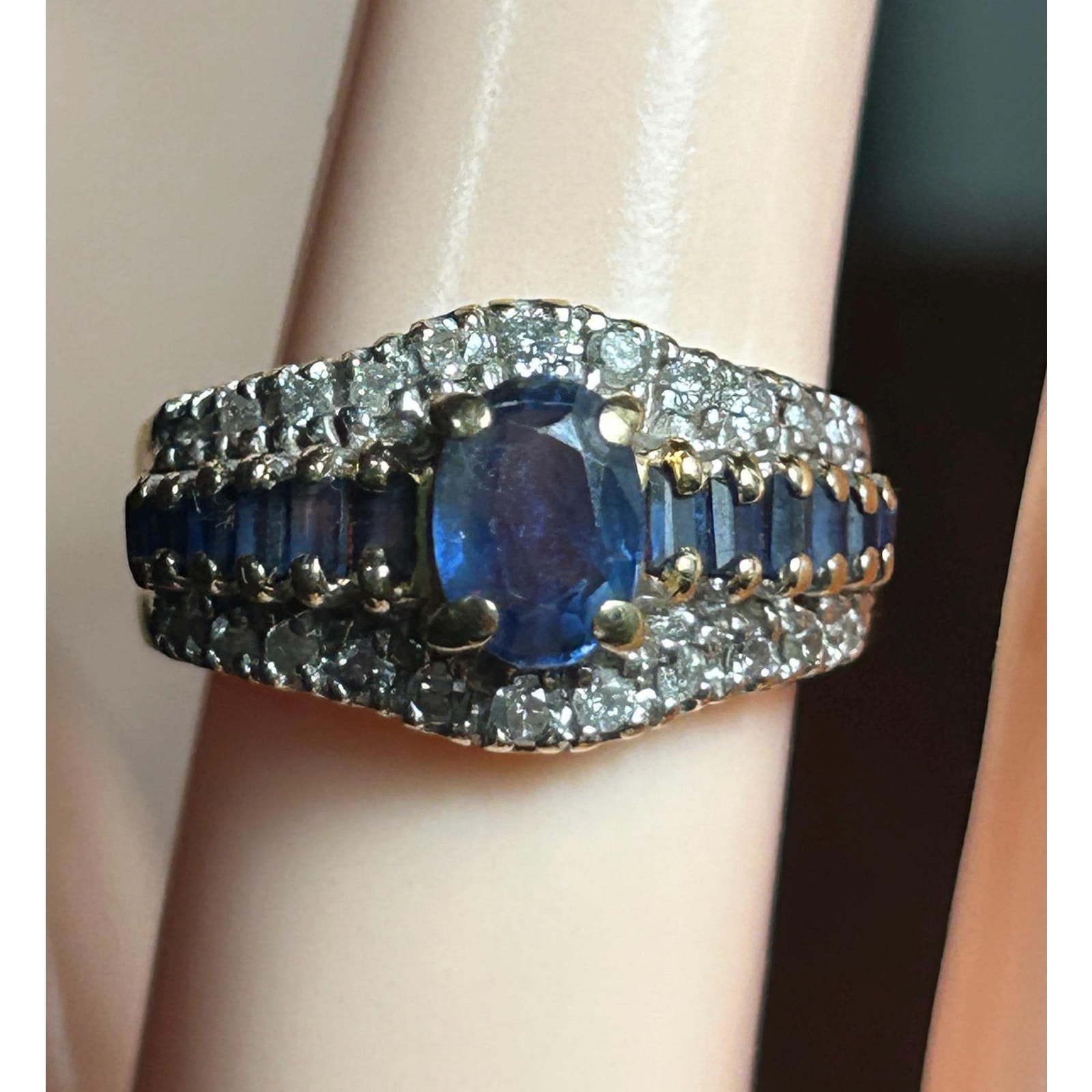 Vintage 14k Solid Yellow Gold & White Gold Blue Baguette Sapphire Diamond Ring
